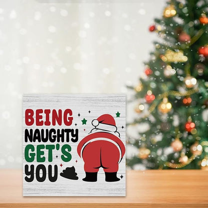 Funny Christmas Bathroom Decor Bathroom Desk Accessories Christmas Decorations Indoor Wooden Box for Toilet Shelves Santa Being Naughty Get's You Signs 5 X 5 Inch