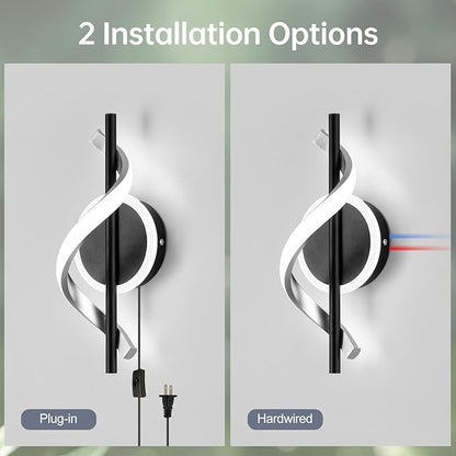 Plug in Wall Sconces Sets of 2, 12W LED Wall Mount Lights, Modern Spiral Wall Lamp, 6000K Cold Modern Light Fixture for Stairs, Living Room, Bedroom, Aisle, Hallway