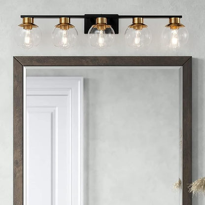 PAZALA Black Gold Bathroom Light Fixtures Over Mirror 5-Lights Vanity Light Wall Sconce with Globe Glass Shade, E26 Base, Perfect for Hallway Picture Wall Lighting Bathroom Bedroom Mirror Living Room