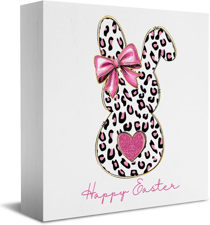 Pink Happy Easter Sign Easter Table Decor Leopard Print Bunny Decor Blue And White Chinoiserie Decor Wooden Box Sign for Home Office Bedroom Living Room Desk Shelves