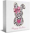 Pink Happy Easter Sign Easter Table Decor Leopard Print Bunny Decor Blue And White Chinoiserie Decor Wooden Box Sign for Home Office Bedroom Living Room Desk Shelves