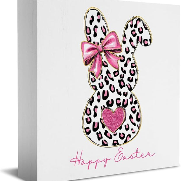 Pink Happy Easter Sign Easter Table Decor Leopard Print Bunny Decor Blue And White Chinoiserie Decor Wooden Box Sign for Home Office Bedroom Living Room Desk Shelves