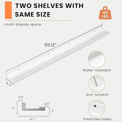 Heimlove Picture Ledge Shelf, Floating Shelves Set of 2, 56 Inches Picture Shelf for Wall with Ledge, Kids Bookshelf Wall Mounted for Living Room Bedroom Decor Books Photo Frames, White