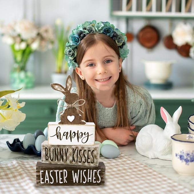 DIYDEC 4Pcs Easter Tabletop Decorations Bunny Wooden Block Signs Gift Rustic Tiered Tray Decor Happy Easter Centerpiece Farmhouse Wood Rabbit Table Sign for Kitchen Home Office Party Decor