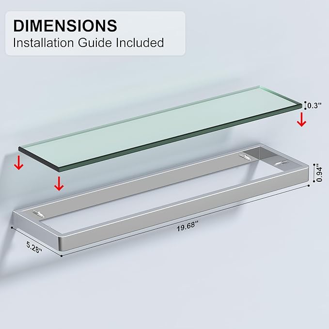 20IN Bathroom Shelves/Shelf Glass Wall Mount Floating Shelves for Bathroom Tempered Glass Rectangular 1 Tier Organizer Wall Shelf (Chrome Polished, 20'')