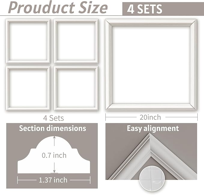 4 Frames Peel and Stick Wall Molding Kit, Wainscoting Panels kit for Walls, PreCut Wall molding 20x20 Inch, Easy Install Wall Wainscoting & Picture Frame Molding for Living Room, Bedroom, Home Decor
