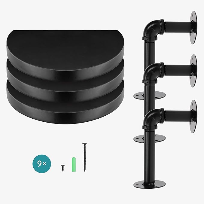 Navaris Industrial Pipe Shelf Set - 3 Small Rounded Wood Shelves with Shelf Brackets - 7.9" x 5.9" Wall-Mounted Wooden Shelving - Size S, Black