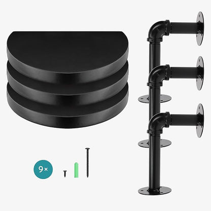Navaris Industrial Pipe Shelf Set - 3 Small Rounded Wood Shelves with Shelf Brackets - 7.9" x 5.9" Wall-Mounted Wooden Shelving - Size S, Black