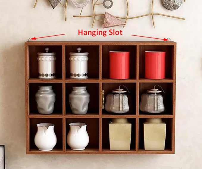 Shadow Box Display Shelf, Wall Mounted Wooden Hanging Display Shelf Floating Shelf Perfect for Little Figurines, Multi-Slot Wall Collection Freestanding Farmhouse Decor Display Case (Brown, 12 Slot)