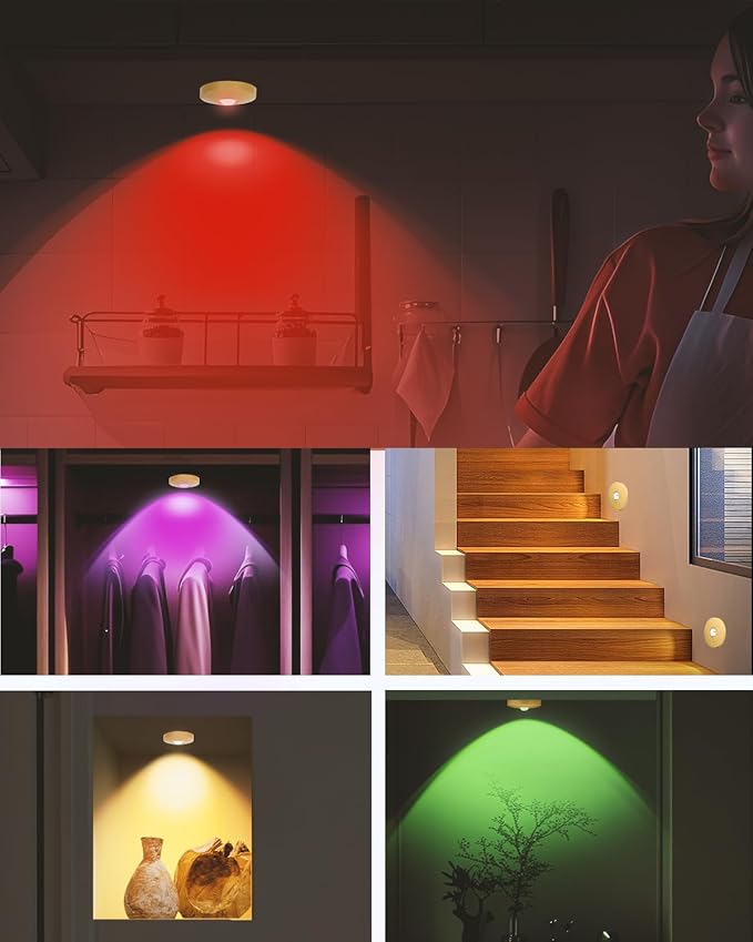 Rechargeable RGB Puck Lights with Remote Control, 1500mAh Battery Operated Push Lights, Dimmable & Timer Under Cabinet Lighting for Closet, Bedroom, Kitchen Gold 12Pcs