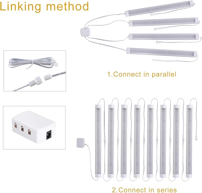 LABOREDUCER Under Cabinet Lighting Wired Plug in or Hardwired Cold White 6000K, 8 Pack 11inch Linkable Dimmable LED Under Cabinet Lights with Power Adapter,24V Under Counter Lights for Kitchen