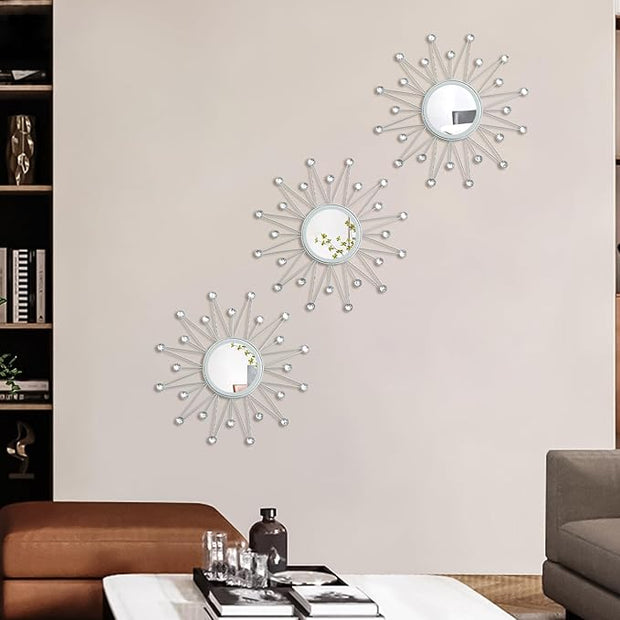 Uaussi 3 Pack Crystal Sunburst Wall Mirror Décor Rhinestone Mirrors Decorative Home Wall Art for Living Room Bedroom Entryway(Triangle Burst Silver)