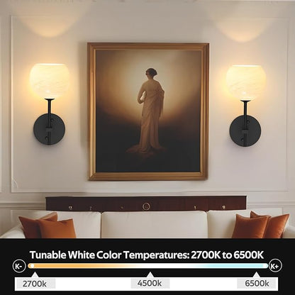 MOITA Wall Sconces Set of Two, Wireless Battery Operated Wall Decor with Remote, Sconces Wall Lighting with Glass Shade, Upward and Downward Installation, 12 RGB Colors and 3 CCT Options
