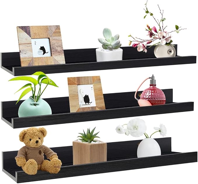 Lavezee 24 Inch Black Wall Mounted Floating Shelves Set of 3, Picture Shelving Ledge for Kitchen, Living Room, Bedroom, Office