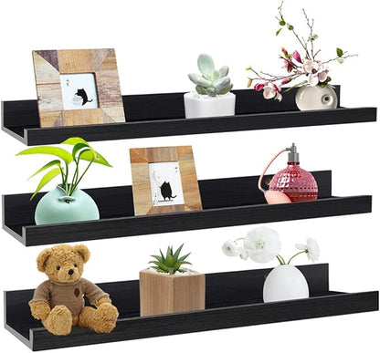 Lavezee 24 Inch Black Wall Mounted Floating Shelves Set of 3, Picture Shelving Ledge for Kitchen, Living Room, Bedroom, Office