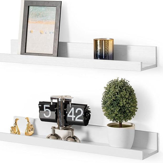 Muzilife 24" Small Floating Wall Ledge Shelves with Lip - Set of 2 Wood Floating Shelves - White Wall Mounted Picture Ledge for Office, Bathroom, Bedroom, Living Room, Kitchen