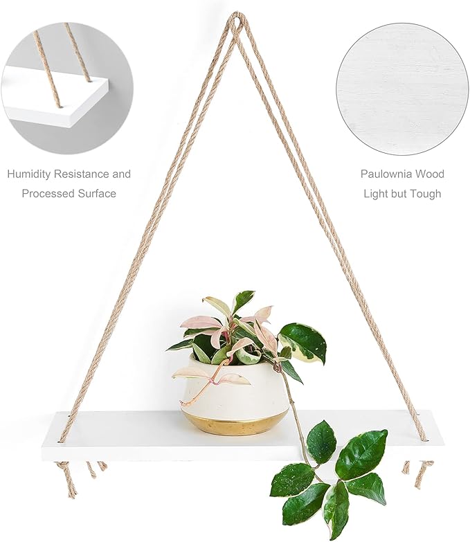 Mkono Wood Hanging Shelves for Wall Boho Decor Swing Rope Rustic Floating Shelf, Set of 3 Wall Display Shelving Home Organizer Rack for Living Room Bedroom Bathroom Kitchen,White