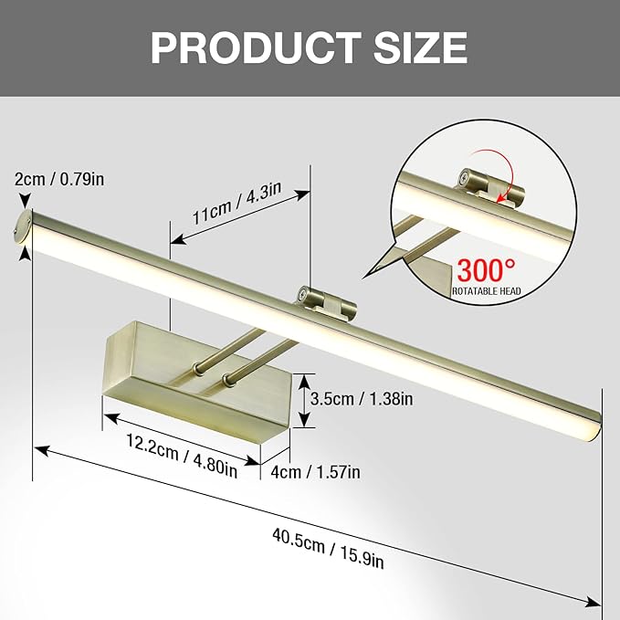 Picture Light,Battery Operated Picture Light with Remote, 16" Metal Art Light for Paintings,Rechargeable Display Lighting of Wall,Portrait,Gallery,Artwork(Antique Brass)