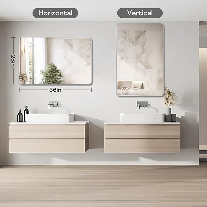 Silver Framed Bathroom Mirror, Brushed Nickel Large Rounded Corner Rectangle Wall Mirror, Tempered Glass, Shatter Proof, Anti-Rust, Hangs Horizontally or Vertically (28