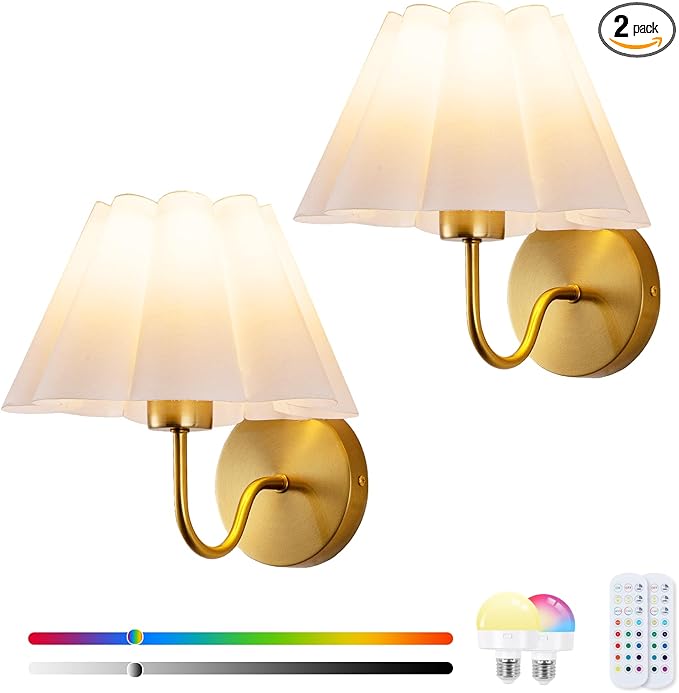 Battery Operated Wall Sconces Sets of 2, Indoor not Hardwired White Fabric lampshade Fixtures,Rechargeable Wireless 10 Colors Wall Lights with Dimmable Remote Control