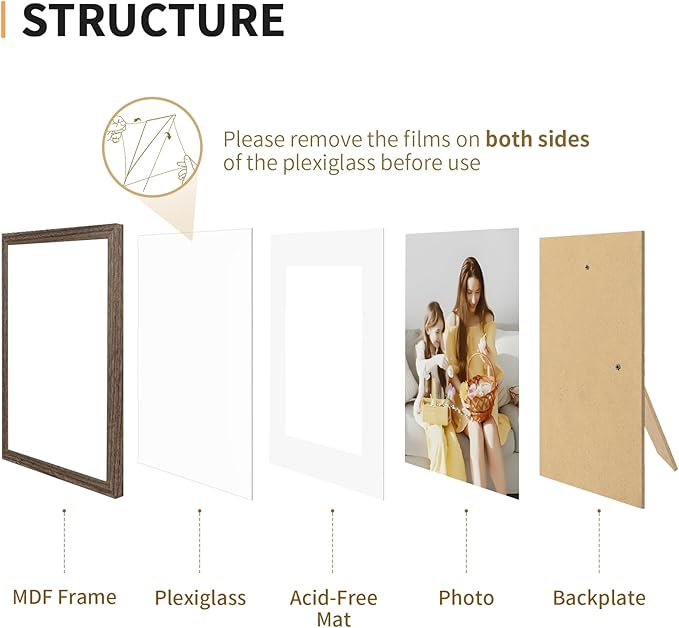 ATOBART 8x10 Picture Frame Set of 4, Displays 5x7 with Mat or 8x10 Without Mat, Photo Frames for Wall Hanging or Tabletop, Includes HD Plexiglass, Brown
