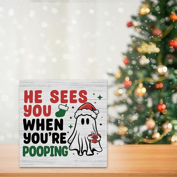 Gothic Christmas Bathroom Decor Ghost Watching Wash Your Hands Wooden Box Signs Christmas Desk Accessories Decorations Indoor for Toilet Bathroom Shelves 5 X 5 Inch