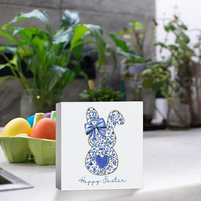 Blue Happy Easter Sign Easter Table Decor Bow Bunny Decor Blue And White Chinoiserie Decor Wooden Box Sign for Home Office Bedroom Living Room Desk Shelves