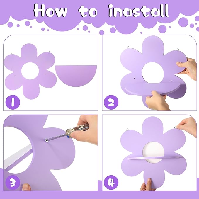 Soaoo 3 Pcs Daisy Flower Floating Shelves, Wooden Boho Daisy Plant Shelf, Wall Mounted Display Stand, Hanging Display Flower Decor for Living Room Bathroom Bedroom(Purple and Pink)