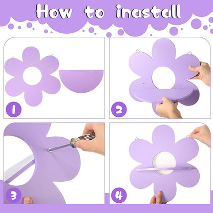 Soaoo 3 Pcs Daisy Flower Floating Shelves, Wooden Boho Daisy Plant Shelf, Wall Mounted Display Stand, Hanging Display Flower Decor for Living Room Bathroom Bedroom(Purple and Pink)