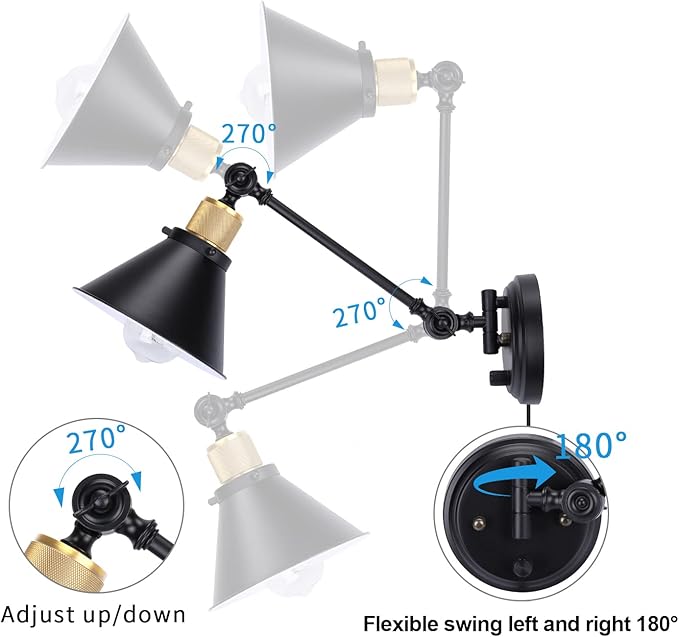 TRLIFE Dimmable Wall Sconce with Remote Control, Plug in Wall Sconces Dimming 10%-100% and Adjustable Color Temperature 2700K-6000K, Swing Arm Wall Lights with Plug in Cord, UL Listed(2 Pack, 2 Bulbs)