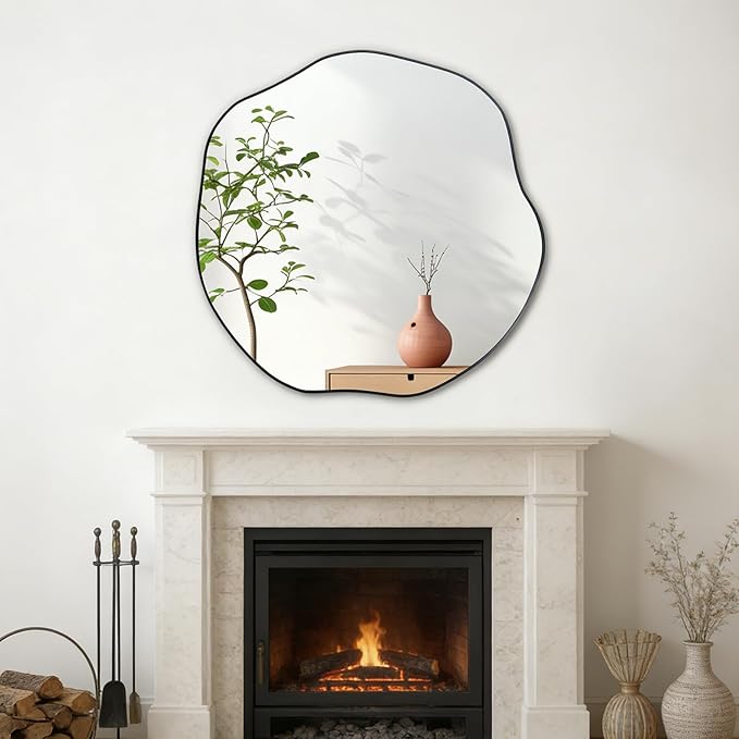POZINO Irregular Mirror, 35" Large Asymmetrical Circle Mirrors, Black Scalloped Rounded Mirror, Modern Frameless Abstract Mirrors for Living Room Bedroom Bathroom Entryway Hallway Fireplace