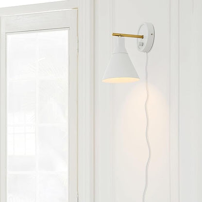 Globe Electric 65542 1-Light Plug-in or Hardwire Wall Sconce, Matte White, Brass Accent, Stepless Dimming Rotary Switch, Fabric Cord, Modern Lighting for Apartment or Renters, Home Decor
