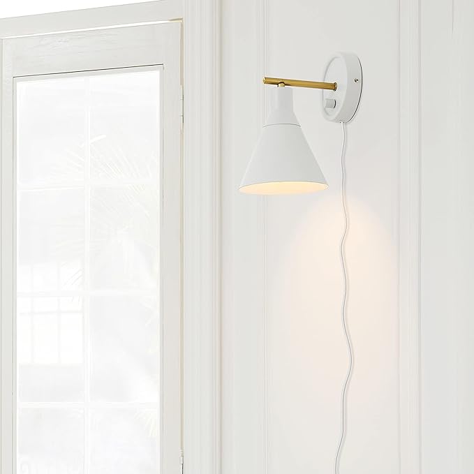Globe Electric 65542 1-Light Plug-in or Hardwire Wall Sconce, Matte White, Brass Accent, Stepless Dimming Rotary Switch, Fabric Cord, Modern Lighting for Apartment or Renters, Home Decor