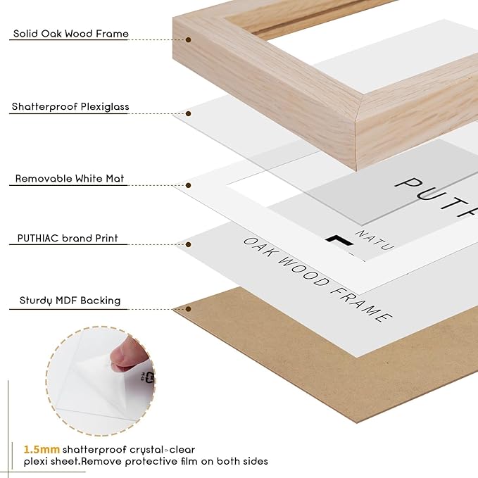 puthiac 5x7 Solid Oak Wood Picture Frame, Fits 4x6 with Mat or 5x7 Without Mat, Wall or Tabletop Display with Stand, Vertical or Horizontal, Plexi Front, 3 Pack, Natural Oak