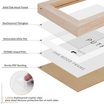 puthiac 5x7 Solid Oak Wood Picture Frame, Fits 4x6 with Mat or 5x7 Without Mat, Wall or Tabletop Display with Stand, Vertical or Horizontal, Plexi Front, 3 Pack, Natural Oak