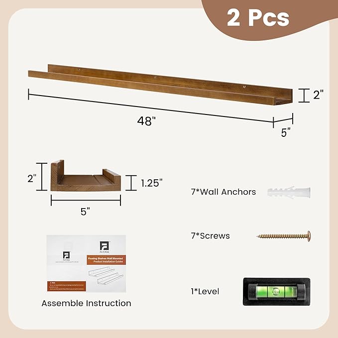Picture Ledge Shelf, Floating Shelves Set of 2, Solid Ash Wood 48'' Long Large Nursery Book Shelves for Toys Storage, Kids Bookshelf for Living Room Bedroom Decor Books Photo Frames, Walnut