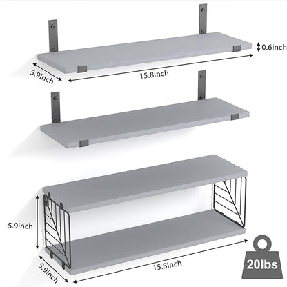 Fixwal 3+1 Tier Bathroom Floating Shelves Over Toilet, 15.8in Farmhouse Rustic Wood Shelves, Wall Decor for Bathroom, Living Room,Bedroom and Kitchen (Gray)