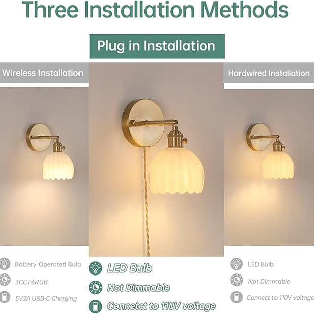 Plug in Wall Sconce, White Tulip Glass Lampshade Wall Light Plugin Corded for Bedside Bedroom Doorway