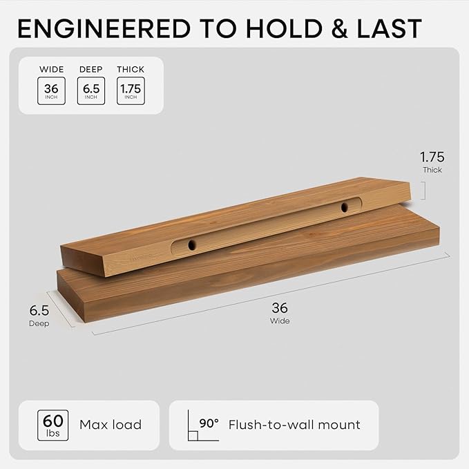 Homeforia 36 inch Golden Oak Floating Shelf, High End Solid Real Wood 36inch Small Floating Shelves for Wall Mounted, Oak Wooden 36in Floating Shelves, Heavy Duty Bracket, 36 X 6.5 X 1.75 in, Set of 4