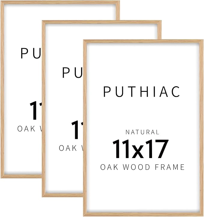 puthiac 11x17 Solid Oak Wood Picture Frame, Fits 8x12 with Mat or 11x17 Without Mat, Wall Display Only, Vertical or Horizontal, Plexi Front, 3 Pack, Natural Oak