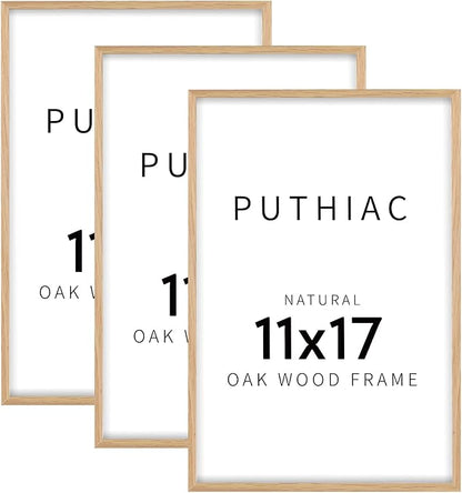 puthiac 11x17 Solid Oak Wood Picture Frame, Fits 8x12 with Mat or 11x17 Without Mat, Wall Display Only, Vertical or Horizontal, Plexi Front, 3 Pack, Natural Oak