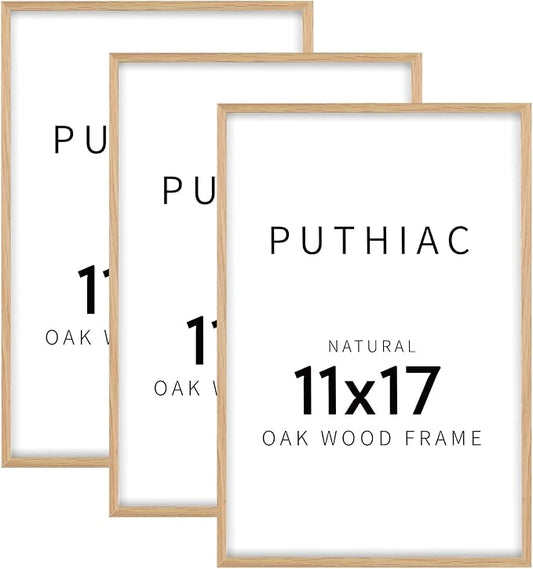 puthiac 11x17 Solid Oak Wood Picture Frame, Fits 8x12 with Mat or 11x17 Without Mat, Wall Display Only, Vertical or Horizontal, Plexi Front, 3 Pack, Natural Oak