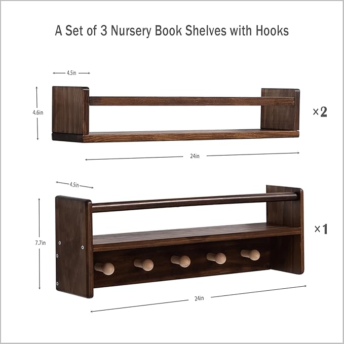 AZSKY 24 Inch Book Shelves for Nursery Floating Bookshelf Wall Mount Deep Walnut Shelves for Room Wall Hooks for Hanging Nursery Shelf for Kids Room Bedroom Bathroom Living Room Kitchen Set of 3