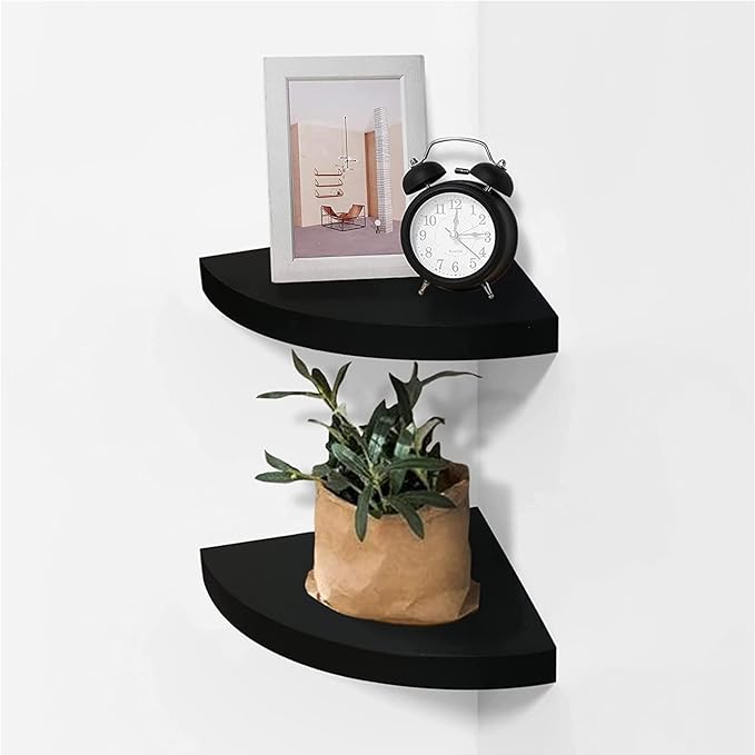 Floating Corner Shelf 8 Inch Black Set of 2,for 90 Degree Room Corner Wall Mounted Storage Display Shelves for Small Plant, Photo Frame, Toys and More