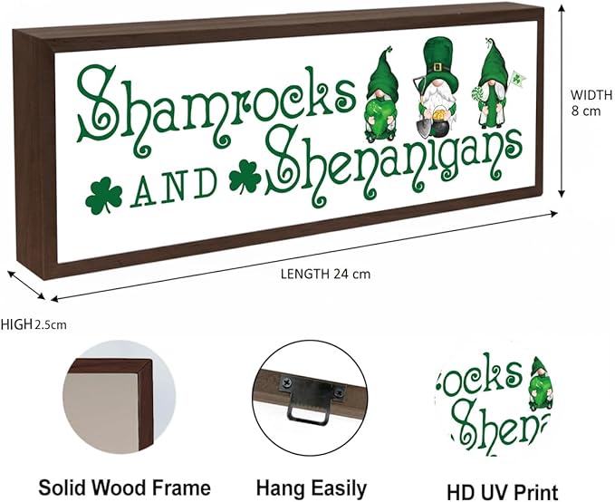 St Patricks Day Wooden Table Sign, Shamrocks and Shenanigans Sign, Irish Gnome Decors, St. Patrick's Day Fun Decor for Home Cafe Shop Coffee Bar, Farmhouse Table Shelf Decoration, 9.5x3.1x1 inches