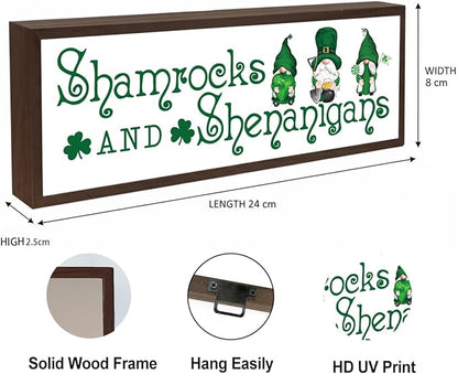 St Patricks Day Wooden Table Sign, Shamrocks and Shenanigans Sign, Irish Gnome Decors, St. Patrick's Day Fun Decor for Home Cafe Shop Coffee Bar, Farmhouse Table Shelf Decoration, 9.5x3.1x1 inches
