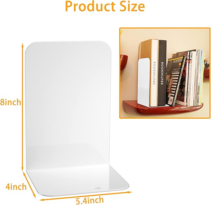 VFINE Bookends 4 Pairs, White Metal Book Ends, Bookends for Shelves, Book Stopper for Heavy Books, Book Dividers for Home Office