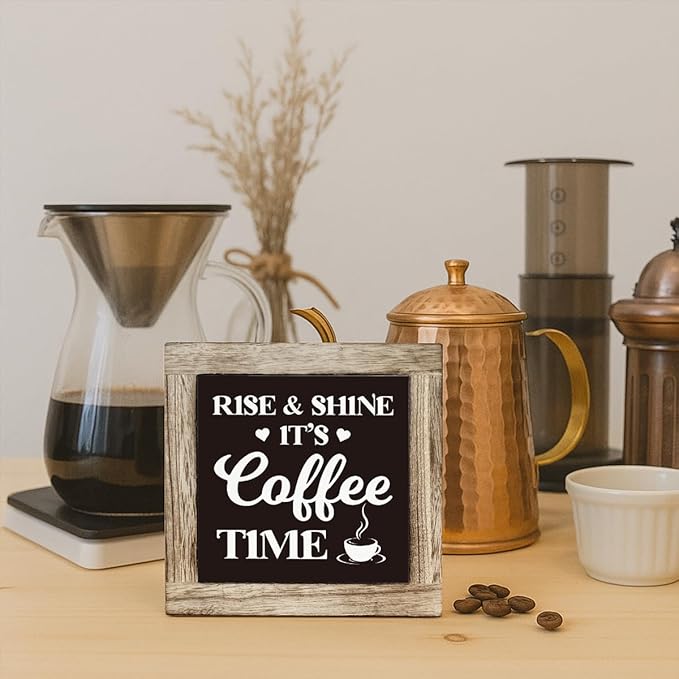 Coffee Bar Decor, Farmhouse Coffee Tiered Tray Decor, Rustic Funny Wooden Box Sign Block Plaque for Wall Tabletop Desk Bar Accessories 5.9×5.9 inch