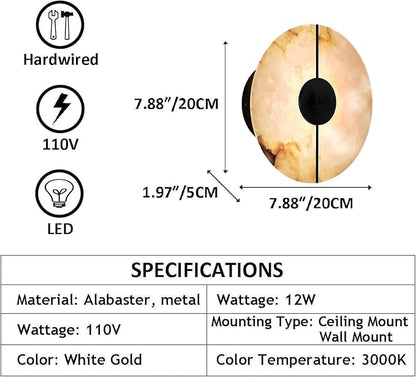White Alabaster Wall Sconce Natural Marble Wall Sconce Vintage Gold Round Store Modern LED Wall Light Fixture Mid Century Wall Mounted Lamp for Bedroom Hallway Living Room Bathroom Kitchen