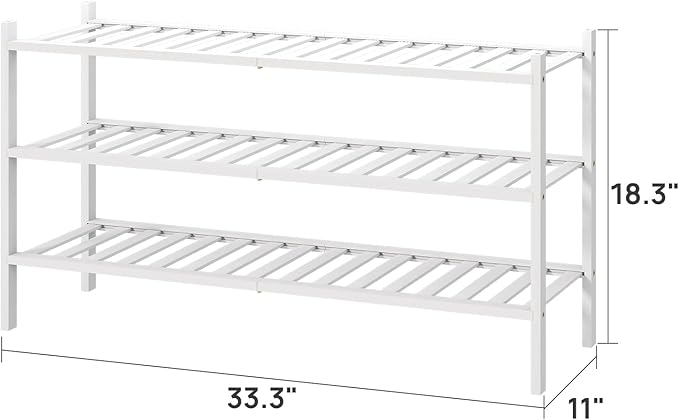 3-Tier Long Shoe Rack, Bamboo Wood Shoe Rack for Closet, Entryway & Hallway, Stackable White Shoe Shelf Storage Organizer for Indoor Outdoor